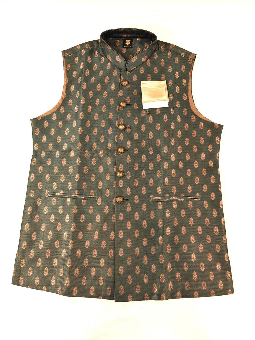 Manyavar Men's Nehru Vest Jacket Size 40 Large 100cm Green Gold Brocade Ethnic